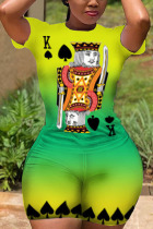 Fluorescent green Spandex Fashion Sexy adult Ma'am Patchwork Print Two Piece Suits Straight Short Sleeve Two Pieces