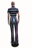 Blue Sexy Fashion crop top Striped Two Piece Suits Slim fit Button Straight Short Sleeve Two-p