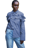 Blue O Neck Long Sleeve Solid ruffle Patchwork Blouses & Shirts
