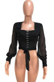 Black Polyester Asymmetrical Collar Long Sleeve Solid Patchwork  Long Sleeve Tops