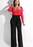 Red Fashion England Style Solid Flat Wide Leg Pants Midweight Pants