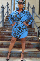 Blue Spandex Street Shirt sleeves Long Sleeves Notched Step Skirt Knee-Length Print  Long Sleeve Dresses