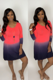 Pink Polyester Sexy Cap Sleeve Long Sleeves O neck Straight Knee-Length Print  Long Sleeve Dresses