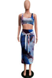 Blue Polyester Sexy Fashion Patchwork HOLLOWED OUT Print Regular  Two-Piece Dress