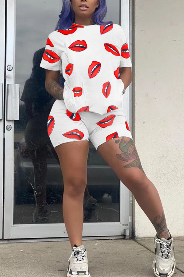 White Fashion Casual adult Patchwork Print Two Piece Suits Lips Print Straight Short Sleeve Two Pieces