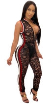 Black Polyester LACE Lace zipper see-through Print sexy Jumpsuits & Rompers