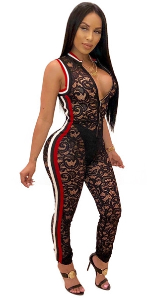 Black LACE Lace zipper see-through Print sexy Jumpsuits & Rompers
