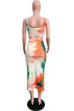 Orange Polyester Sexy Fashion Patchwork HOLLOWED OUT Print Regular  Two-Piece Dress