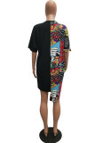 Black Polyester Fashion Casual lantern sleeve Half Sleeves O neck Asymmetrical Knee-Length Patchwork asymm