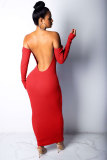 Red Fashion Sexy Off The Shoulder Long Sleeves One word collar Pencil Dress Mid-Calf backless Club Dres