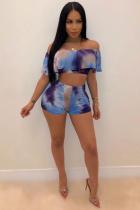 Blue Polyester Sexy Fashion Two Piece Suits asymmetrical Slim fit Tie Dye crop top ruffle Regular Short S