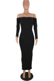 Black Fashion Sexy Off The Shoulder Long Sleeves One word collar Pencil Dress Mid-Calf backless Club Dres