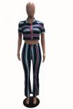 Blue Sexy Fashion crop top Striped Two Piece Suits Slim fit Button Straight Short Sleeve Two-p