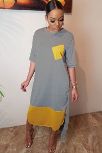 Grey Polyester Fashion Casual Cap Sleeve Half Sleeves O neck Straight Mid-Calf Pocket Patchwork Print 