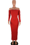 Red Fashion Sexy Off The Shoulder Long Sleeves One word collar Pencil Dress Mid-Calf backless Club Dres