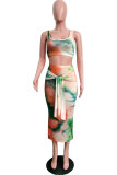 Orange Polyester Sexy Fashion Patchwork HOLLOWED OUT Print Regular  Two-Piece Dress