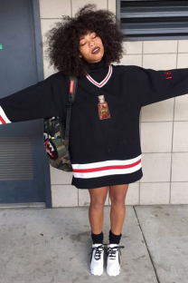 Black O Neck Long Sleeve Patchwork  Sweaters & Cardigans