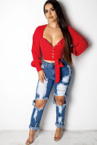 Red Polyester Asymmetrical Collar Long Sleeve Solid Patchwork  Long Sleeve Tops