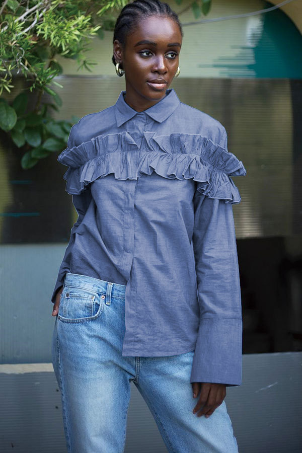 Blue O Neck Long Sleeve Solid ruffle Patchwork Blouses & Shirts