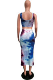 Blue Polyester Sexy Fashion Patchwork HOLLOWED OUT Print Regular  Two-Piece Dress