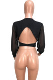 Black Polyester Asymmetrical Collar Long Sleeve Solid Patchwork  Long Sleeve Tops