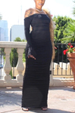 Black Polyester Fashion Sexy adult Patchwork Solid backless Draped Two Piece Suits pencil Half Sleeve Two Pieces