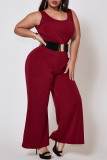 Wine Red Polyester Fashion Sexy adult Ma'am O Neck Solid Plus Size 
