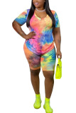 Yellow and blue Fashion Sweet O Neck Patchwork Print Tie Dye Two Piece Suits Stitching Plus Size
