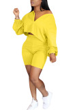 Yellow Polyester Fashion adult Ma'am Street O Neck Solid Two Piece Suits Stitching Plus Size 