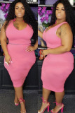 Pink Fashion Sexy adult Ma'am O Neck Patchwork Solid Two Piece Suits Stitching Plus Size