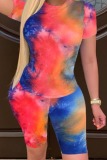 Blue Fashion Sexy adult O Neck Patchwork Print Tie Dye Two Piece Suits Stitching Plus Size