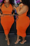 Orange Fashion Sexy adult Ma'am O Neck Patchwork Solid Two Piece Suits Stitching Plus Size