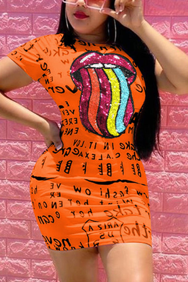 Orange Fashion Casual adult Ma'am O Neck Print Pattern Plus Size