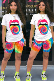 colour Polyester Fashion Sexy adult Ma'am O Neck Patchwork Print Tie Dye Two Piece Suits Stitching Plus Size 