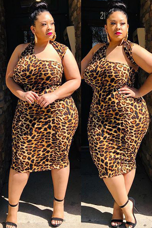 Leopard print Fashion Sexy adult Ma'am Asymmetrical Collar Leopard Print asymmetrical Plus Size