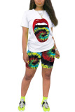 multicolor Polyester Fashion Sexy adult Ma'am O Neck Patchwork Print Tie Dye Two Piece Suits Stitching Plus Size 