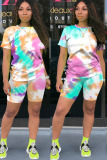 Green Polyester Fashion Sexy adult Ma'am O Neck Patchwork Print Tie Dye Two Piece Suits Stitching Plus Size 