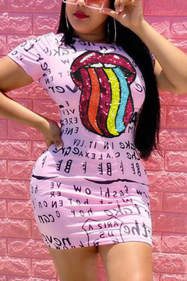 Pink Fashion Casual adult Ma'am O Neck Print Pattern Plus Size