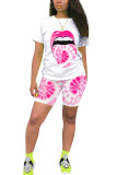 Pink Polyester Fashion Sexy adult Ma'am O Neck Patchwork Print Tie Dye Two Piece Suits Stitching Plus Size 