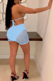 Light Blue adult Sexy Fashion Dot Mesh Print perspective Bandage Two Piece Suits Patchwork Sequin bac