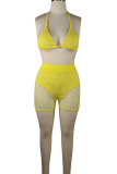 Yellow adult Sexy Fashion Dot Mesh Print perspective Bandage Two Piece Suits Patchwork Sequin bac