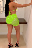 Fluorescent green Polyester adult Sexy Fashion Dot Mesh Print perspective Bandage Two Piece Suits Patchwork Sequin bac
