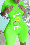 Fluorescent green Casual letter Short Sleeve Rompers