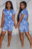 Blue Casual Print Straight Short Sleeve Two Pieces