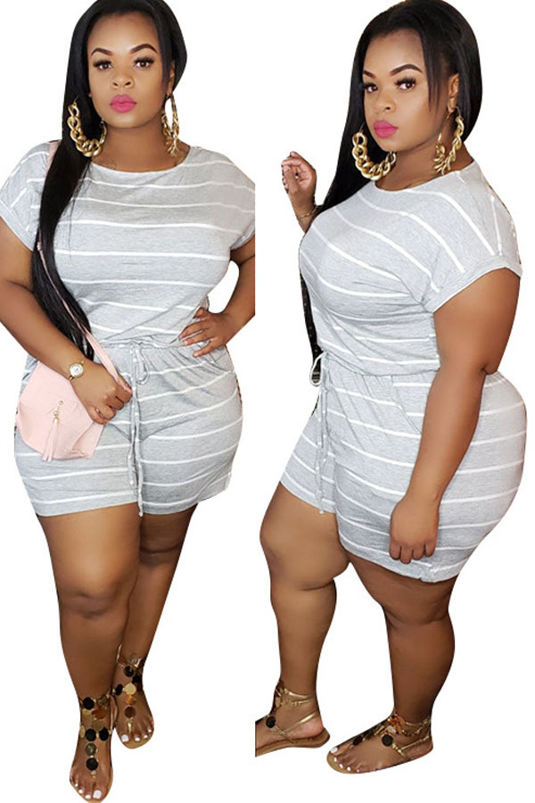 Light Gray Sexy Print Striped Short Sleeve Boat Neck Rompers