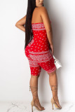 Red Fashion street Print Milk. Sleeveless Wrapped Rompers