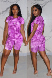 purple Casual Print Straight Short Sleeve Two Pieces
