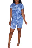 Light Blue Casual Print Straight Short Sleeve Two Pieces