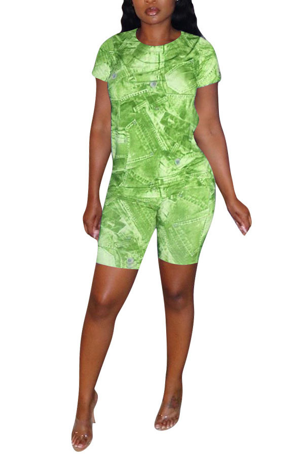 Green Casual Print Straight Short Sleeve Two Pieces