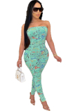 Grass Green Sexy Print Draped Polyester Sleeveless Wrapped  Jumpsuits